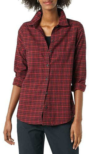 Amazon Essentials Women's Långärmad lätt rutig flanellskjorta klassisk passform, Svart Röd Preppy-rutigt, M