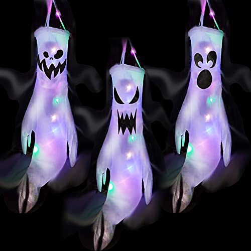 3 Stück Halloween Deko Geist mit Bunt LED Lichtern, 120x50cm Halloween Deko Outdoor Innen Ghost Windsack Geister, für Garten Hof Terrasse Party Horror Hängen Dekoration(B)