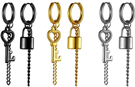 JewelryWe Schmuck Ohrringe Creolen mit Schloss, Schlüssel und Kette Anhänger Edelstahl Hängend Ohrhänger Huggie Ohrstecker Geschenke für Herren Damen Schwarz/Gold/Silber