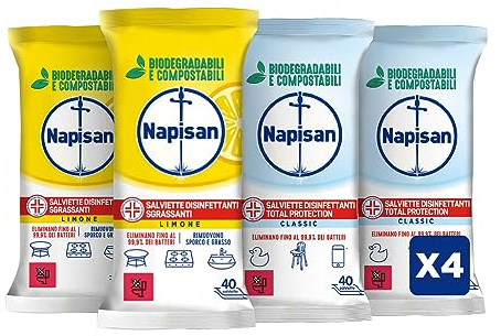 Napisan Salviette Disinfettanti Biodegradabili, Confezione da 2x40 Salviette Disinfettanti al Limone e Confezione da 2x40 Formula 0%, Disinfettante Multisuperfici contro Germi, Batteri e Allergeni