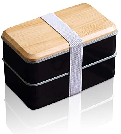 HolaJia Bento Box Lunch Box, Leak Proof, 2 Tiers, Fresh Lunch Box with Cutlery, 45.1 fl oz (1,400 ml) (Black)