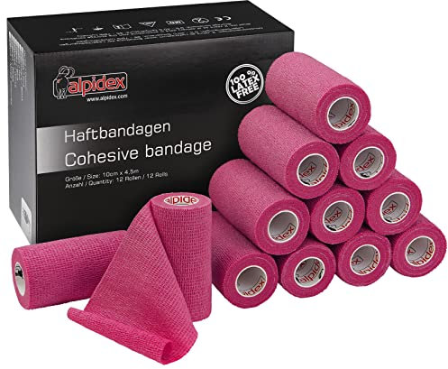 ALPIDEX 12 Rotoli Benda Adesiva 5 cm x 4,5 m Molti Colori Bendaggio Coesivo Fasciatura Personi Animali Garza Elastica Autoadesivo Cavalli Cani Umani, Colore:rosa fucsia
