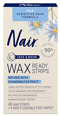 Nair Sensitive Hair Remover Wax Ready Strips, Face and Bikini Hair Removal Wax Strips, 40 Count