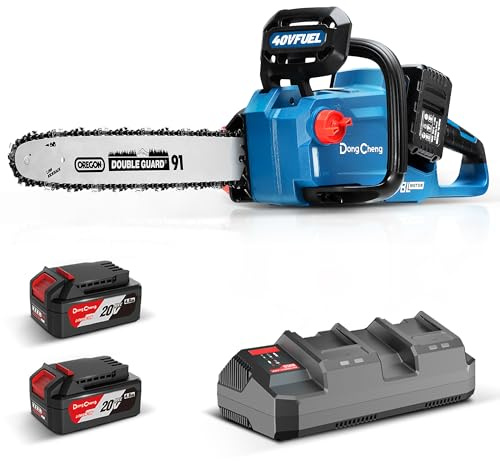 Dong Cheng Brushless Cordless Chainsaw, 40V 16 Inch, Gas-Power Performance, Tool-Free Chain Tension, Instant Brake, with 2x4.0Ah Batteries & Charger for Felling, Logging & Heavy-Duty Wood Cutting