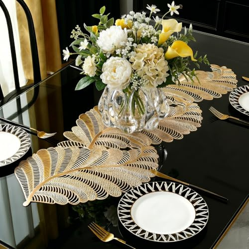 FAVE Goldfarben Tischläufer 90 cm, goldenes Blattdesign | Hitzebeständig, waschbar, für Hochzeit, Party, Feiertagsessen & Restaurantdekoration, leicht zu reinigen & kratzfest.