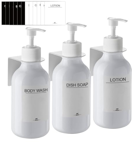 RISAKOGO Tvåldispenser för badrum, 3 delar, 500 ml, duschgel och schampo med 3 fästen utan borrning, tvåldispenser, duschdispenser, badrum, vägg (vit)