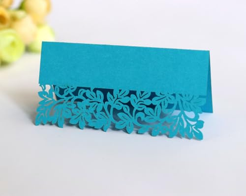 Tischkarten Namenskarten 100 Stück -Platzkarten zum beschriften mit Elegantes Hohle Blätter Design Perlglanzpapier Sitznummernkarten für Hochzeit Geburtstag Konfirmation Kommunion Taufe -Blau #2