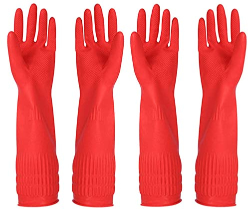 3 Pair Heavy Duty Rubber Gloves with Extra Long Cuffs, Durable Kitchen Gloves with Non-slip Grip, Resistant to Elbow Scratches, Non-slip Corrosion Resistant, Suitable for Housework Cleaning (Red, M)