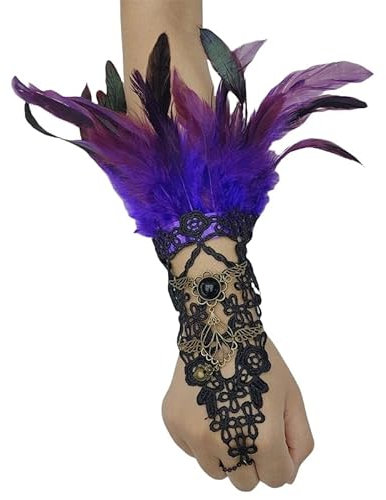 DyLyz Gothic Lila Feder Fingerlose Handschuhe Ausgehöhlte Manschette Floral Häkelkette Haken Fingerhandschuhe Punk Schnürung Handgelenk Manschetten Ärmel für Halloween Cosplay Maskerade Par