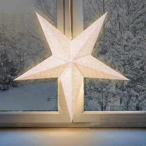 Spetebo LED Papierstern in Weiß, Ø 60 cm, mit Timer, Batteriebetrieben | Weihnachtsdeko, Zum Hängen, Weihnachtsstern Dekoleuchte, Stimmungslicht für Weihnachten Advent Winter
