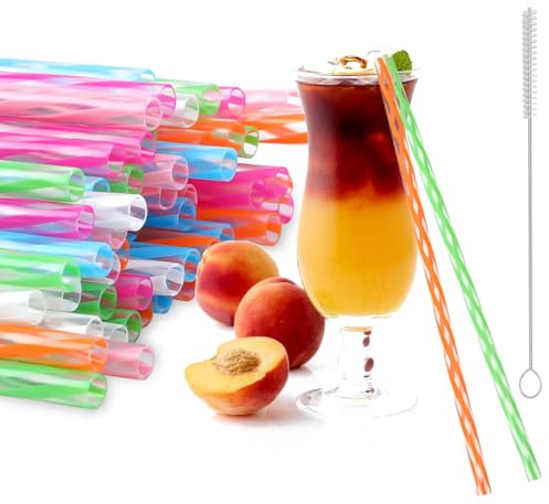 JANYUN Strohhalme Plastik, 72 Stück Strohhalme Wiederverwendbar Bunte Trinkhalme Plastik mit 2 Strohhalmbürsten 23 CM Plastikstrohhalme für Saft Cola Milchcocktails