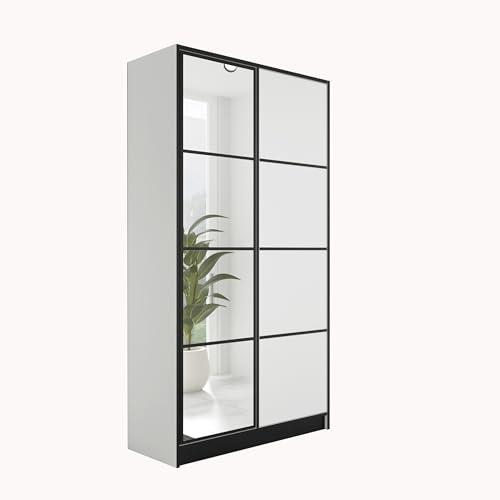 KIER FURNITURE Kleiderschrank mit Spiegel - Schrank Schlafzimmer - Garderobenschrank Flur Diele - Ausziehbare Kleiderstange - Eden v2 - BxHxT 104,8x205x39cm - 2 Türen - Weiß | Geräumiger Kleiderschrank mit praktischer Aufbewahrung für Kleidung und Wäsche, ideal für Erwachsenen- oder Kinderzimmer