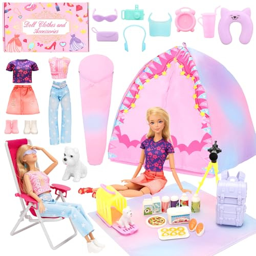 Miunana 34 Doll Travel Camping Tent Set Include Doll Tent Casual Dress Top & Pants Backpack Placemat Sleeping Bag Shoes Chair Toy Dog Camping Playset for 11.5 Inch/30cm Girl Doll for Kid