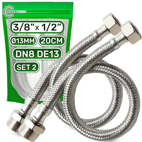 2x Panzerschlauch 20 cm Innengewinde 3/8 x Außengewinde 1/2 zoll DN8 DE13 | Flexschlauch Hergestellt aus Edelstahl Temperatur max 70°C Betriebsdruck 10 bar - Garantie 5 Jahre - ONIX TECH