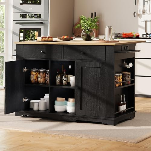 Lexiou Aparador, carrito de cocina equipado con regleta, armario de cocina, carrito de servicio con encimera, armario buffet, carro comedor con vetas de madera, armario buffet (negro)