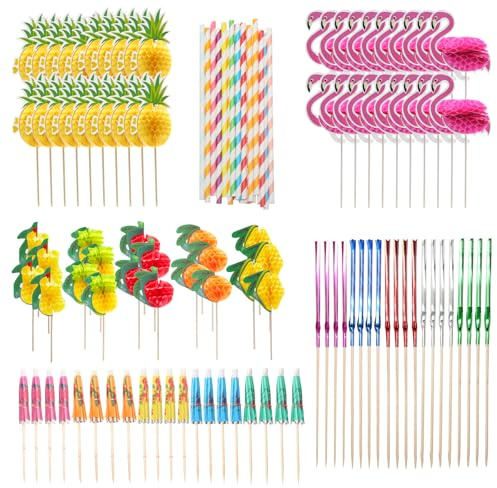 120 Piezas Decoración de Cócteles, Paraguas de Cóctel, Pajitas de Papel, Palitos de Fuegos Artificiales, Palitos Flamencos, para Fiestas de Verano, Bar de Decoración Bebidas Artículos Fiestas