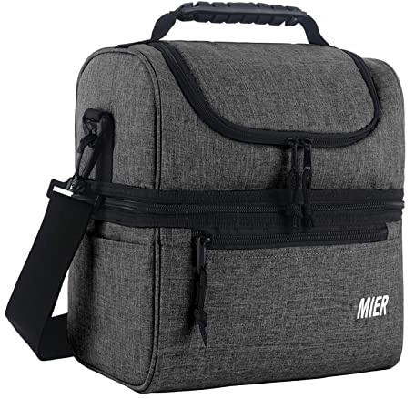 MIER Insulated Lunch Bag Men with 2 Deck & Shoulder Strap, Grey, 10L | Medium Cool Bag with 2 Decks to keep food fresh and dry, Muti Pockets, Easy to Clean, Work, Picnic, Travel, Family Activity