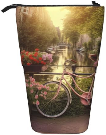 HEBSDFG Trousse à crayons rétractable avec imprimé de fleurs et de vélos, trousse à cosmétiques, trousse à stylos pour l'école, le bureau, les voyages, Noir , Taille unique, Cartable