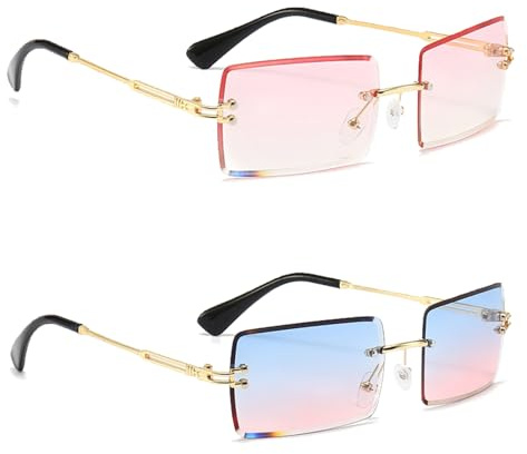 XDGBGFN 2 Paar Retro Rechteck Rahmenlose Sonnenbrille Sonnenbrille 90er Style Brille Quadratische Rimless Sunglasses für Damen Herren (Blau&Rosa)