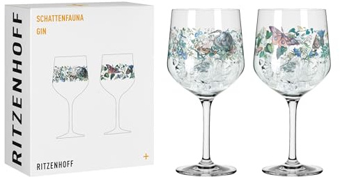 RITZENHOFF 3691004 Gin-Glas 700 ml - 2er-Set Kelch- Serie Schattenfauna, Vogel & Schmetterling-Motiv- Made in Germany | Artikelnr. 3691004, Serie Schattenfauna, 2 Gin-Gläser 700 ml, Kristallglas, spülmaschinenfest