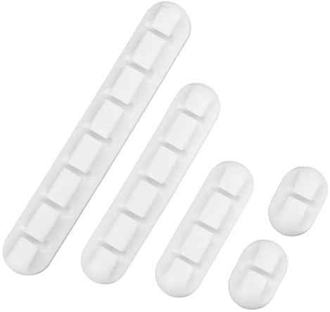 Set de 5 Clips para Cables Adesivos – Organizador de Cables para Escritorio, Cargadores, Cables de Alimentación y USB – Ganchos Prácticos para Oficina y Hogar (Blanco, 1-1-3-5-7 Ranuras)