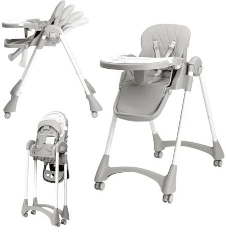 BONNLO Chaise Haute Bébé Évolutive, 6 Mois - 3 Ans (max. 15 kg)，Chaise de Nourriture Bebe Pliable, Siege Pliante, Siege d'Appoint Bébé, Avec Plateau, Repose-pieds, Réglable, Naissance (Gris)