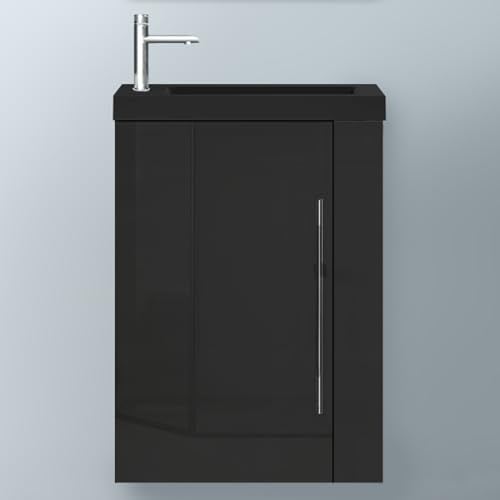 Biubiubath Badezimmerschränke 45cm Schwarz Mineralguss Waschtisch mit Unterschrank Hängeschrank Hochglanz Schwarz Badschrank mit 1 Soft-Close Türen