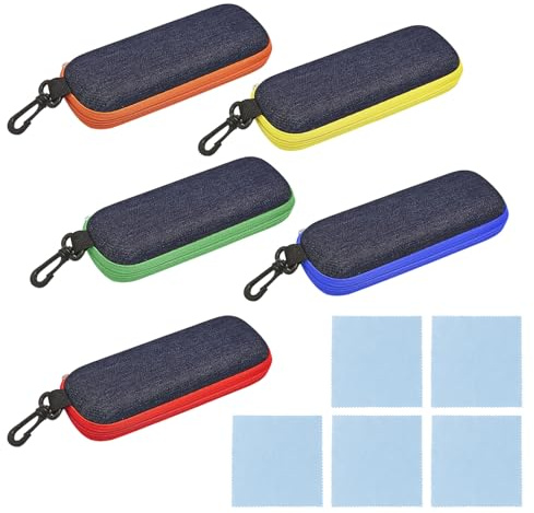 XMDROU Brillenetui Hardcase, 5 Stück Brillenetuis aus Denim Stoff, Reise Brillentasche mit Reißverschluss Brillenetui Sonnenbrille mit Karabiner und 5 Reinigungstuch für Studenten Frauen Männer