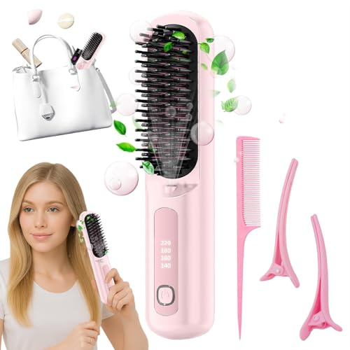 Numoya Go Brush Pro Cordless Portable Straightener, Hair Gobrush Pro Rechargeable Straightener Hot Comb Fast Heating for Travel and Everyday Use(Pink)