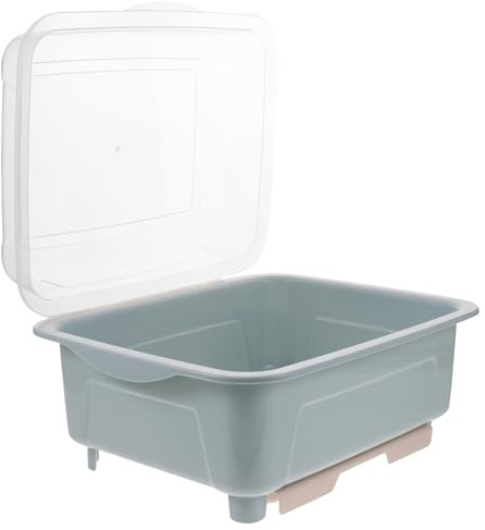 Sosoport Organizer Scolapiatti con Coperchio Trasparente e Vassoio Raccogligocce Portasciugatura Pratico per Stoviglie Posate e Bicchieri Design Scandinavo Blu