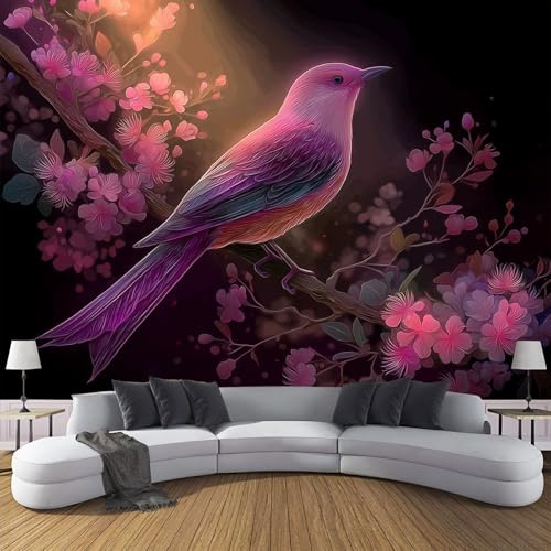 Carta Da Parati Murale Effetto 3D 300×210Cm - Uccelli Realistici Carta Da Parati In Fotomurali, Fiori E Uccelli Quadri Murali Murale Decorazione, Adatto Per Soggiorno Camera Letto Rosa
