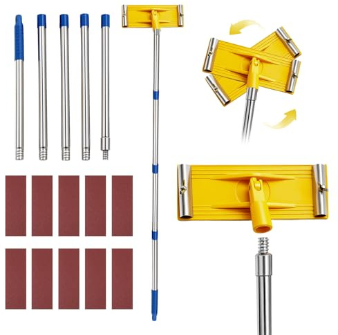 Heavy Duty Swivel Pole Sander, Sanding Pole 160cm with 10 PCS Sandpapers 360° Rotatable Head Dry Wall Sander with Extension Poles for Floors Walls Ceiling