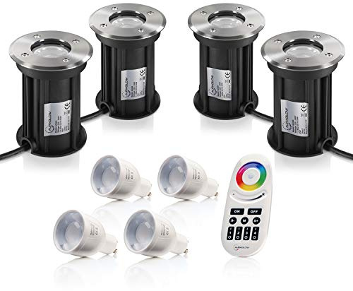 Auraglow Ground Light - Outdoor Garden Patio Path Deck - Recessed GU10 Holder IP67 Rated with RF Remote Control Colour Changing LED Light Bulb Bundle - Four Pack