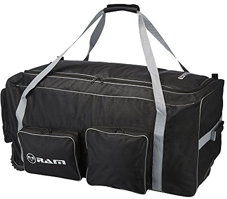 Ram Rugby Team Kit Bag Pro - Durable Cordura Material, Reinforced Base, 3 Tractor Wheels, Retractable Luggage Handle, Perfect for Storing Training Equipment - Black/Silver, 2 Sizes Large & Medium
