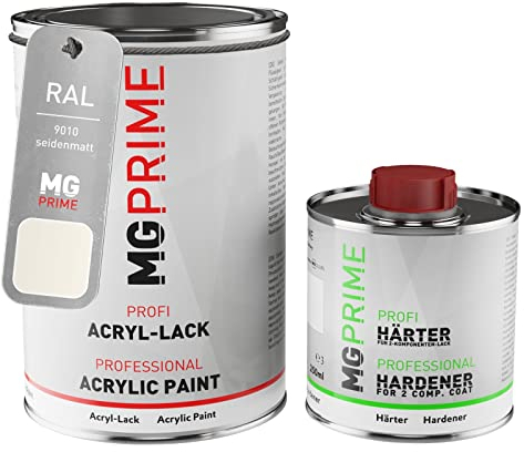 MG PRIME RAL 9010 Reinweiss/Pure white seidenmatt Acryl-Lack 1,5 Liter / 1500 ml Dose inkl. Härter