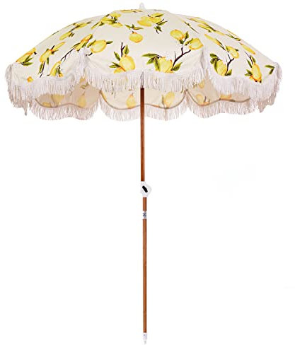 Business & Pleasure Co. Holiday Umbrella - Boho Beach Umbrella with Fringe - UPF 50+ Blocks 98% UV - Premium Wood Pole & Aluminum Hinge - Vintage Lemon