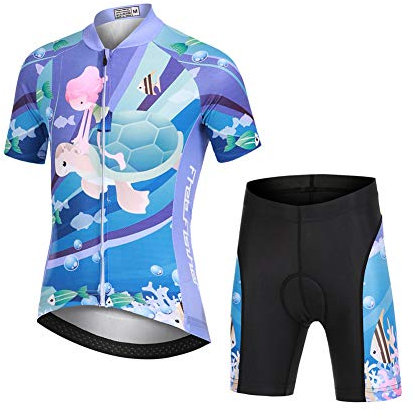 LSHEL Kinder Jungen Radtrikot Set, Mädchen Radbekleidung Anzüge, Quick Dry Radsportanzug, Fahrradtrikot Kurzarm und 3D Sitzpolster Radhose, Mädchen und Schildkröte, 104/110(Herstellergröße: S)
