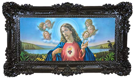 Idea Casa Quadro Stampa su Carta Telata del Sacro Cuore di Gesù Cornice Barocca cm 96x56 (Nero)