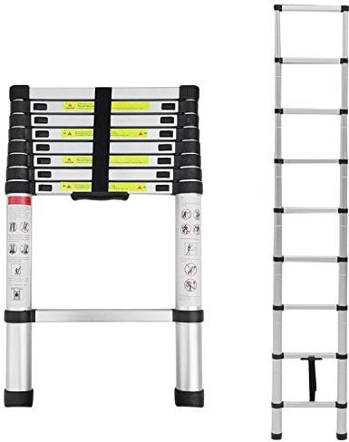 Scala telescopica in alluminio da 2,6 m, scala telescopica multiuso, portatile, con blocco di sicurezza antiscivolo, per esterni e interni, lavori fai da te, capacità di carico 150 kg, certificato