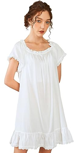 Nanxson Womens Nightdress Cotton Short Sleeve Nightwear Vintage Victorian Nightgown (S, White)