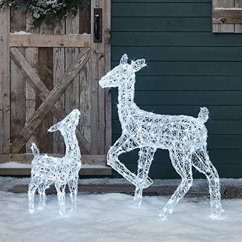 Lights4fun Christmas Outdoor Reindeer Doe & Fawn Light Up Acrylic Figures Garden Decoration 300 White LEDs Plug In with Timer