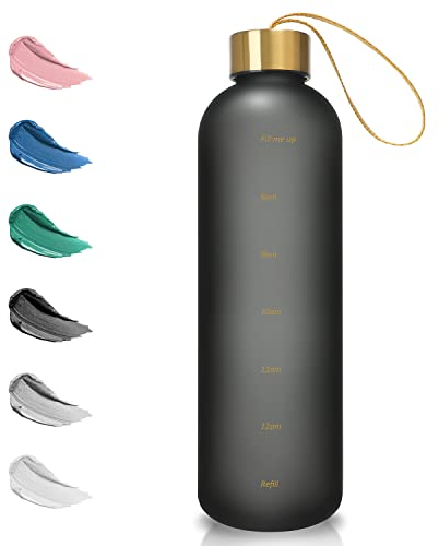 Opard 800ml Water Bottles with Times to Drink - Reusable Motivational Water Bottle with Time Marker and Strap - BPA Free Frosted Plastic - Gym, Sports, Travel
