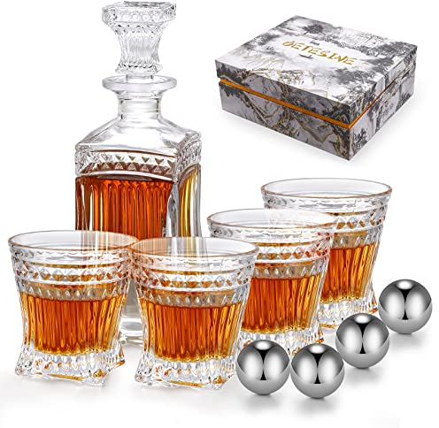 Juego de decantador de whisky de cristal, decantador con 4 vasos y piedras de whisky escalofriantes en caja de lujo. Lo mejor para juegos de decantadores de whisky para hombres, juego único de regalo