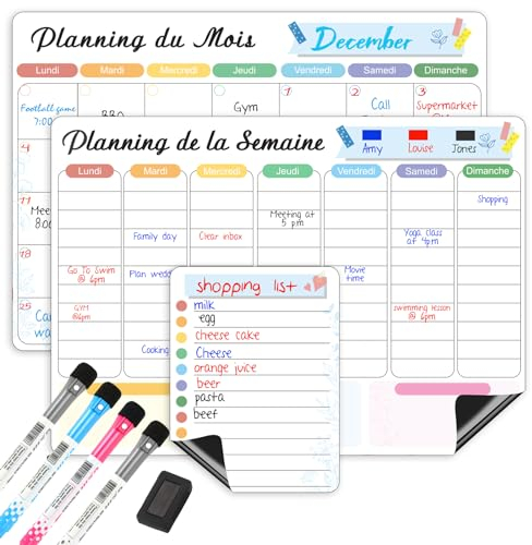 ANLIOTE Calendrier Magnétique pour Frigo, Effaçable à Sec, 3 Plannings Mensuel, Hebdomadaire et Quotidien à Coller sur le Réfrigérateur, Liste de Courses, Tableau Blanc Aimanté, 4 Marqueurs et 1 Gomme