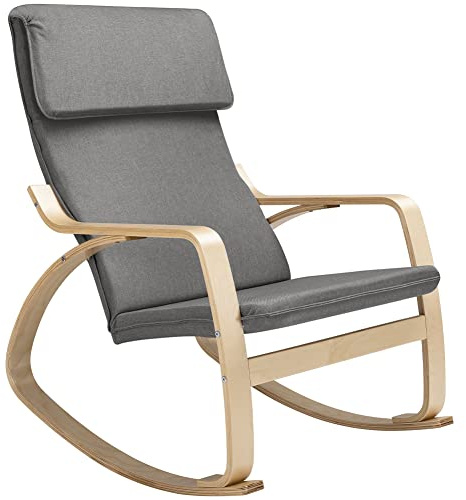 BAKAJI Silla Mecedora de Madera de Abedul con Revestimiento de algodón Acolchado de Rizo de Alta Densidad, sillón oscilante Relax y cojín, Asiento ergonómico, Carga máxima 130 kg (Gris)