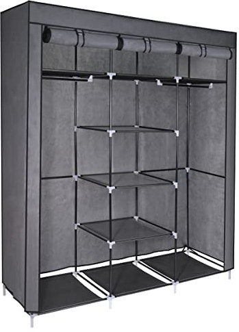 T-LOVENDO.ES Armario de Tela ropero estantería con Cremallera Plegable Modular portátil Grande 175 x 150 x 45 cm. Tubos de Acero para Perchas. Varios estantes Robusto y Estable. Gris.