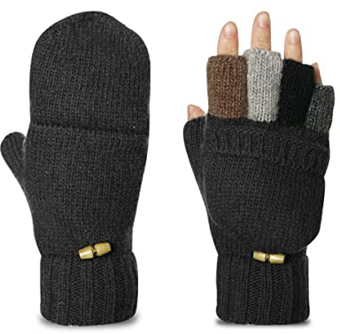 AOKAY Winter Handschuhe Fingerlose Fäustlinge Damen Fingerhandschuhe Fingerlos Handschuhe Strick Handschuhe mit Umklappbare Fingerkuppen (Schwarz)