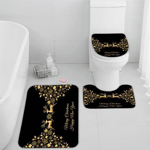 RLYXGS Weihnachten Badematten Set 3 Teilig Hirsch Gold Schwarz rutschfest Saugfähige Badezimmerteppich Memory Foam Badvorleger 40x60cm Waschbar U-förmiger Kontur Teppich und WC-Deckel für Badewanne