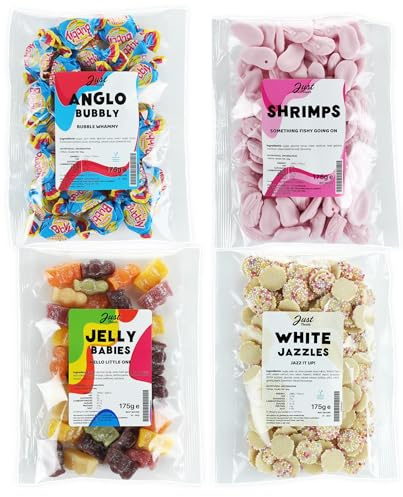 Just Treats Sweet Quartet - Anglo Bubbly, Jelly Babies, Shrimps, White Chocolate Snowies (4 x 175g Bags) - 1,11,16,30