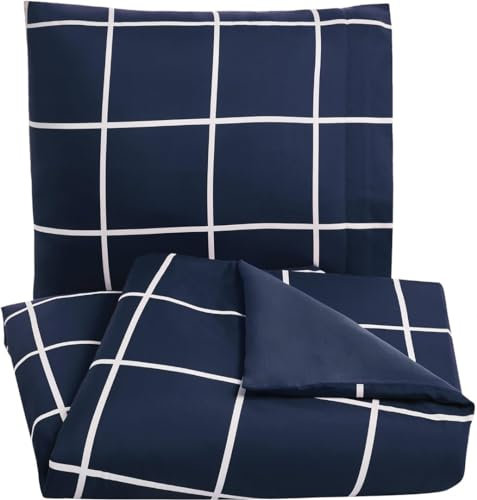Sonive Juego de Funda nórdica de Microfibra, 135x200 cm, 50x80 cm x 1, Cuadros Azules Marino Simples